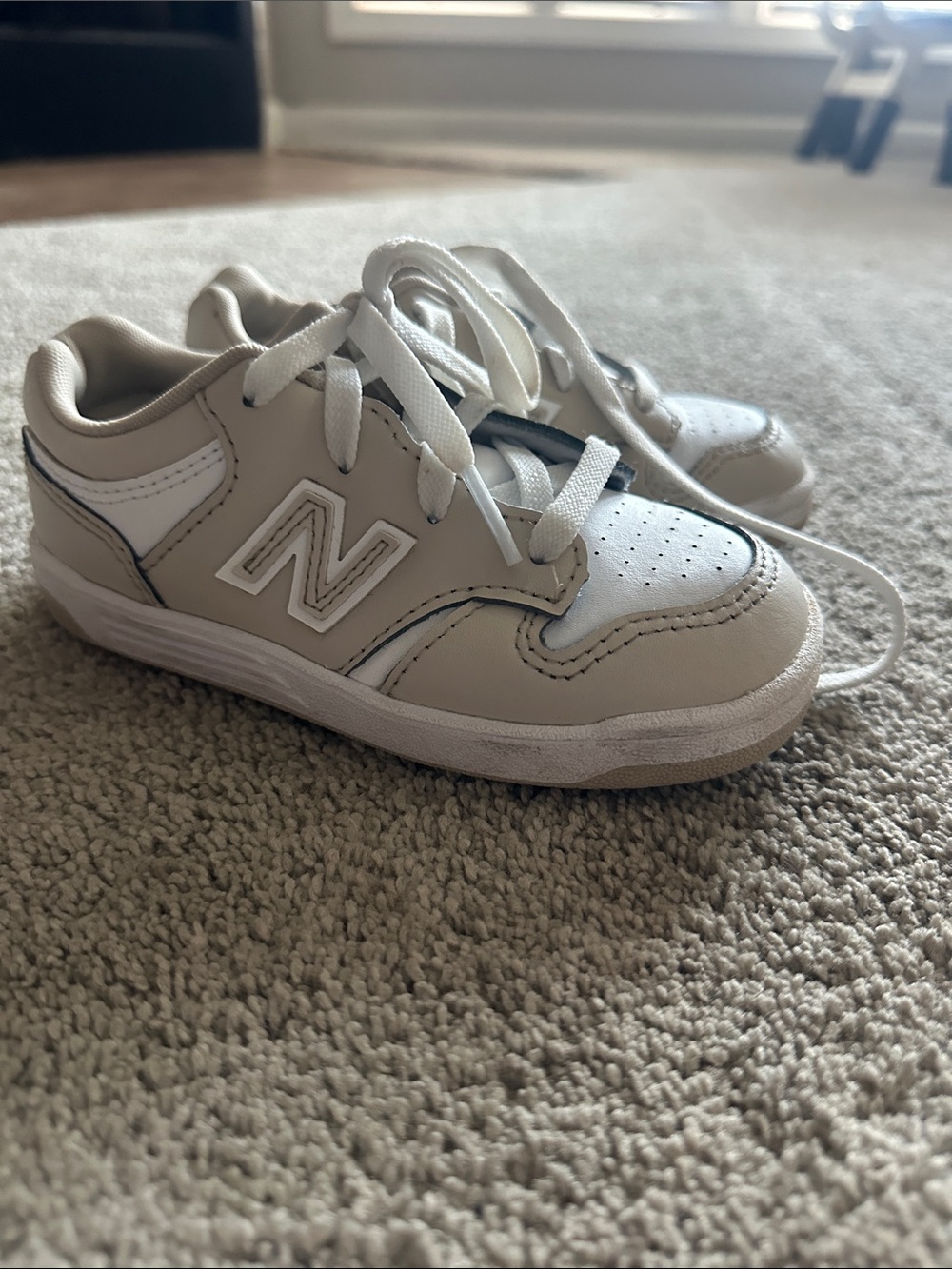 New Balance Kids White and Tan Sneakers